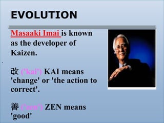.
EVOLUTION
Masaaki Imai is known
as the developer of
Kaizen.
改 ('kai') KAI means
'change' or 'the action to
correct'.
善 ('zen') ZEN means
'good'
 
