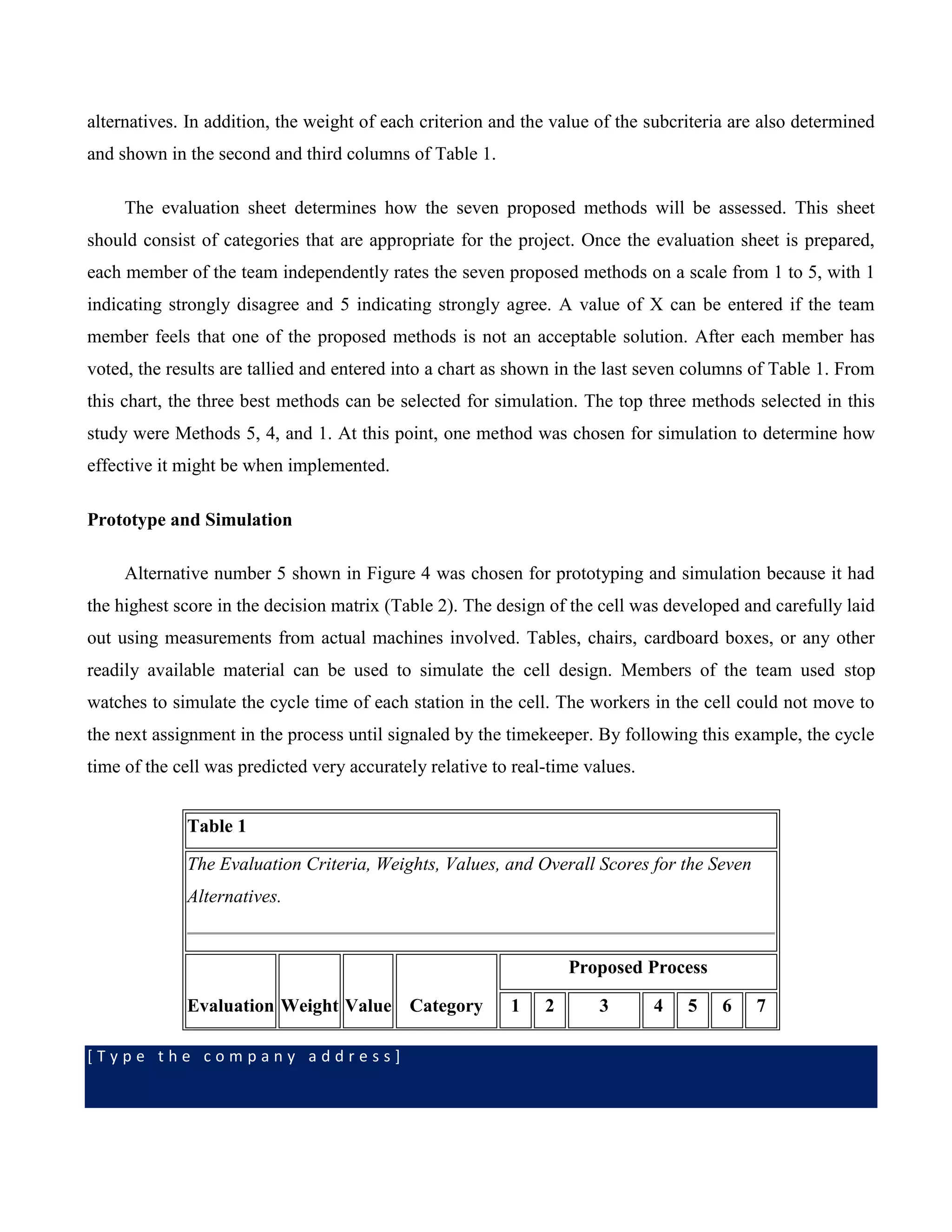 [ T y p e t h e c o m p a n y a d d r e s s ]
alternatives. In addition, the weight of each criterion and the value of the subcriteria are also determined
and shown in the second and third columns of Table 1.
The evaluation sheet determines how the seven proposed methods will be assessed. This sheet
should consist of categories that are appropriate for the project. Once the evaluation sheet is prepared,
each member of the team independently rates the seven proposed methods on a scale from 1 to 5, with 1
indicating strongly disagree and 5 indicating strongly agree. A value of X can be entered if the team
member feels that one of the proposed methods is not an acceptable solution. After each member has
voted, the results are tallied and entered into a chart as shown in the last seven columns of Table 1. From
this chart, the three best methods can be selected for simulation. The top three methods selected in this
study were Methods 5, 4, and 1. At this point, one method was chosen for simulation to determine how
effective it might be when implemented.
Prototype and Simulation
Alternative number 5 shown in Figure 4 was chosen for prototyping and simulation because it had
the highest score in the decision matrix (Table 2). The design of the cell was developed and carefully laid
out using measurements from actual machines involved. Tables, chairs, cardboard boxes, or any other
readily available material can be used to simulate the cell design. Members of the team used stop
watches to simulate the cycle time of each station in the cell. The workers in the cell could not move to
the next assignment in the process until signaled by the timekeeper. By following this example, the cycle
time of the cell was predicted very accurately relative to real-time values.
Table 1
The Evaluation Criteria, Weights, Values, and Overall Scores for the Seven
Alternatives.
Evaluation Weight Value Category
Proposed Process
1 2 3 4 5 6 7
 