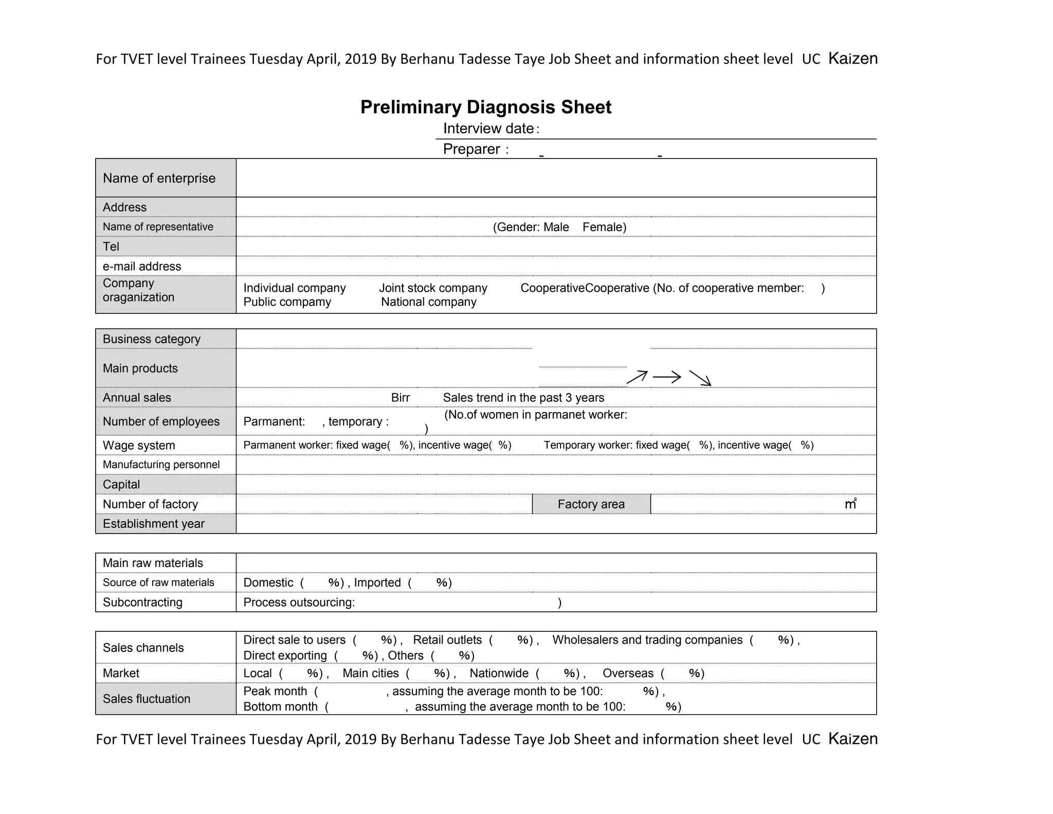 For TVET level Trainees Tuesday April, 2019 By Berhanu Tadesse Taye Job Sheet and information sheet level UC Kaizen
For TVET level Trainees Tuesday April, 2019 By Berhanu Tadesse Taye Job Sheet and information sheet level UC Kaizen
Preliminary Diagnosis Sheet
Interview date：
Preparer：
Name of enterprise
Address
Name of representative (Gender: Male Female)
Tel
e-mail address
Company
oraganization
Individual company Joint stock company CooperativeCooperative (No. of cooperative member: )
Public compamy National company
Business category
Main products
Annual sales Birr Sales trend in the past 3 years
Number of employees Parmanent: , temporary :
(No.of women in parmanet worker:
)
Wage system Parmanent worker: fixed wage( %), incentive wage( %) Temporary worker: fixed wage( %), incentive wage( %)
Manufacturing personnel
Capital
Number of factory Factory area ㎡
Establishment year
Main raw materials
Source of raw materials Domestic ( ％) , Imported ( ％)
Subcontracting Process outsourcing: )
Sales channels
Direct sale to users ( ％) , Retail outlets ( ％) , Wholesalers and trading companies ( ％) ,
Direct exporting ( ％) , Others ( ％)
Market Local ( ％) , Main cities ( ％) , Nationwide ( ％) , Overseas ( ％)
Sales fluctuation
Peak month ( , assuming the average month to be 100: ％) ,
Bottom month ( , assuming the average month to be 100: ％)
 