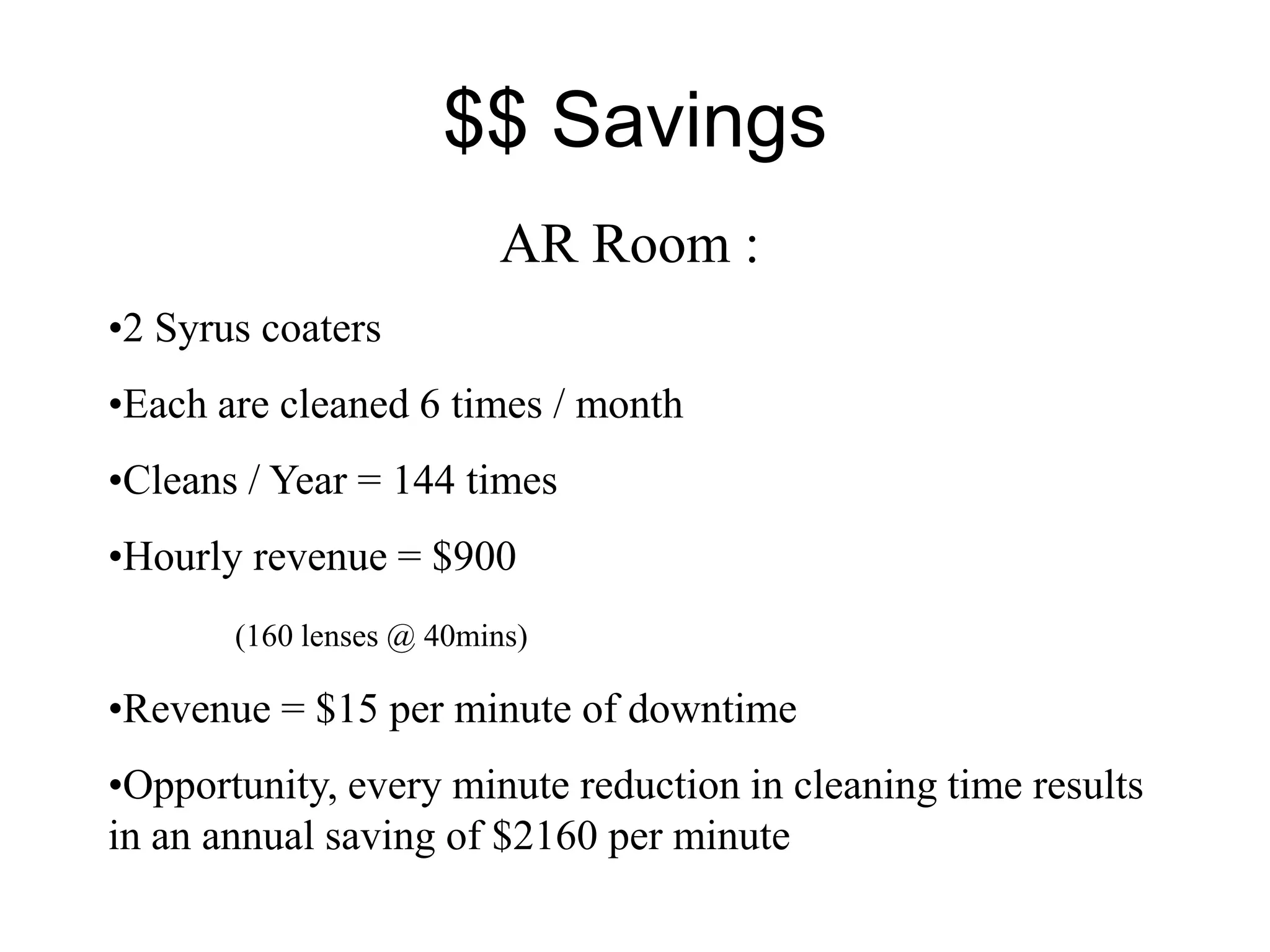 $$ Savings
AR Room :
•2 Syrus coaters
•Each are cleaned 6 times / month
•Cleans / Year = 144 times
•Hourly revenue = $900
(160 lenses @ 40mins)
•Revenue = $15 per minute of downtime
•Opportunity, every minute reduction in cleaning time results
in an annual saving of $2160 per minute
 
