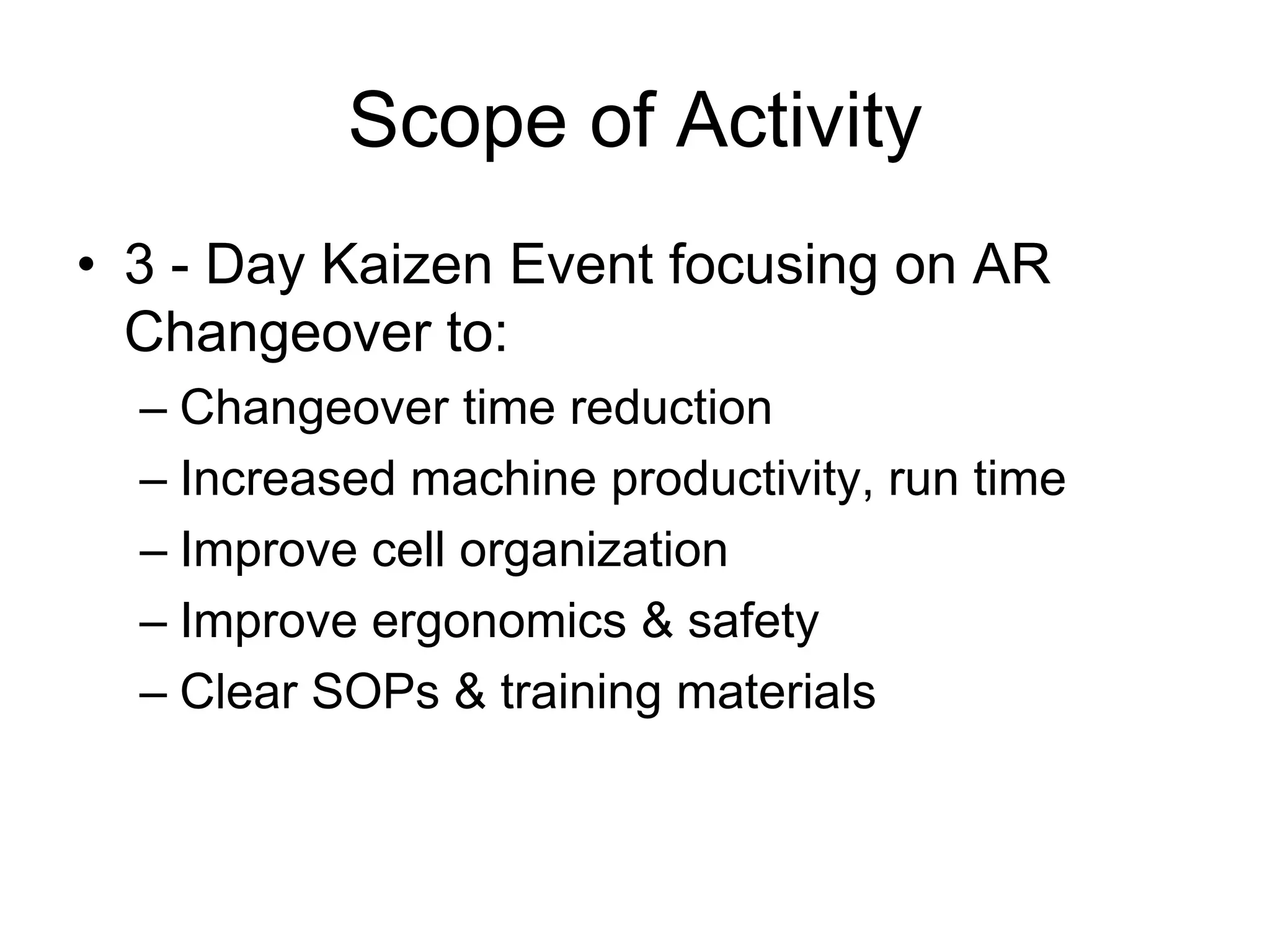 Scope of Activity
3 - Day Kaizen Event focusing on AR
Changeover to:
Changeover time reduction
Increased machine productivity, run time
Improve cell organization
Improve ergonomics & safety
Clear SOPs & training materials
 