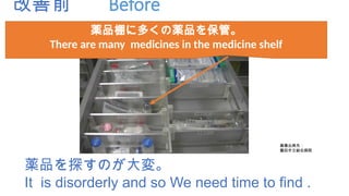 改善前 Before
薬品を探すのが大変。
It is disorderly and so We need time to find .
薬品棚に多くの薬品を保管。
There are many medicines in the medicine shelf
.
画像出典先：
磐田市立総合病院
 