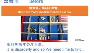 改善前 Before
薬品を探すのが大変。
It is disorderly and so We need time to find .
救急箱に薬剤を保管。
There are many medicines in first aid box.
.
画像出典先：
磐田市立総合病院
 