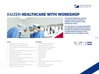 13
KAIZEN HEALTHCARE WITH WORKSHOP
PROGRAM
•	 7 kinds of Waste in Healthcare
•	 5S, Standardisation and 3C
•	 Daily Kaizen in the natural teams
•	 Boards and Team Meetings
•	 Process Mapping
•	 Standard Work
•	 Layout Design
•	 Supermarkets
•	 Mizusumashi
•	 SMED
•	 Kobetsu Kaizen (Structured Problem Solving)
•	 Case Studies
•	 2 day workshop in company
•	 Project Presentations
GOALS
•	 Understand the role of continuous
improvement in the healthcare area
•	 Gain a better understanding of best practices in
the sector
•	 Learn how to improve Quality and Productivity
of Healthcare Services
•	 Learn about strategies of increasing added
value for patients
•	 Identify ways of improving patient experience
in different Hospital areas
•	 Get to know successful case studies of applying
Kaizen Lean in the health sector
•	 Apply Kaizen Lean tools learned during the
program to real life situations
The Kaizen Healthcare training
program teaches continuous
improvement practices in the
Healthcare sector.
Its main goal is to prepare attendees
to implement Improvement Projects
through the design and enforcement
of improvement solutions in the
different areas of healthcare units.
2 DAYS
In Class
Training
2DAYS
In
Company
 