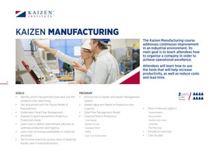 KAIZEN MANUFACTURING
PROGRAM
•	 Introduction to Kaizen and Kaizen Management
System
•	 Added Value and Waste in Production and
Logistics
•	 Total Flow Management Model
•	 Creating Flow in Production
- Line Design
- Border of Line
- Standard Work
- SMED
- Low Cost Automation
GOALS
•	 Identify which improvement tools best suit the
problems that need fixing
•	 Get acquainted with the Toyota Model of
Improvement
•	 Understand Total Flow Management
•	 Prepare to lead Improvement Projects in
Production Areas
•	 Learn how to define improvement solutions to
optimise production and logistics
•	 Learn how to increase profitability in industrial
processes
•	 Get to know practical success cases of applying
Kaizen Lean in Industrial sectors
8
The Kaizen Manufacturing course
addresses continuous improvement
in an industrial environment. Its
main goal is to teach attendees how
to organise a company in order to
achieve operational excellence.
Attendees will learn how to use
the tools that will help increase
productivity, as well as reduce costs
and lead time.
2DAYS
In Class
Training
•	 Flow in Internal Logistics
- Supermarkets
- Mizusumashi
- Kanban and Junjo
- Levelling
- Pull Planning
•	 Simulation Exercises
•	 Case Studies
 