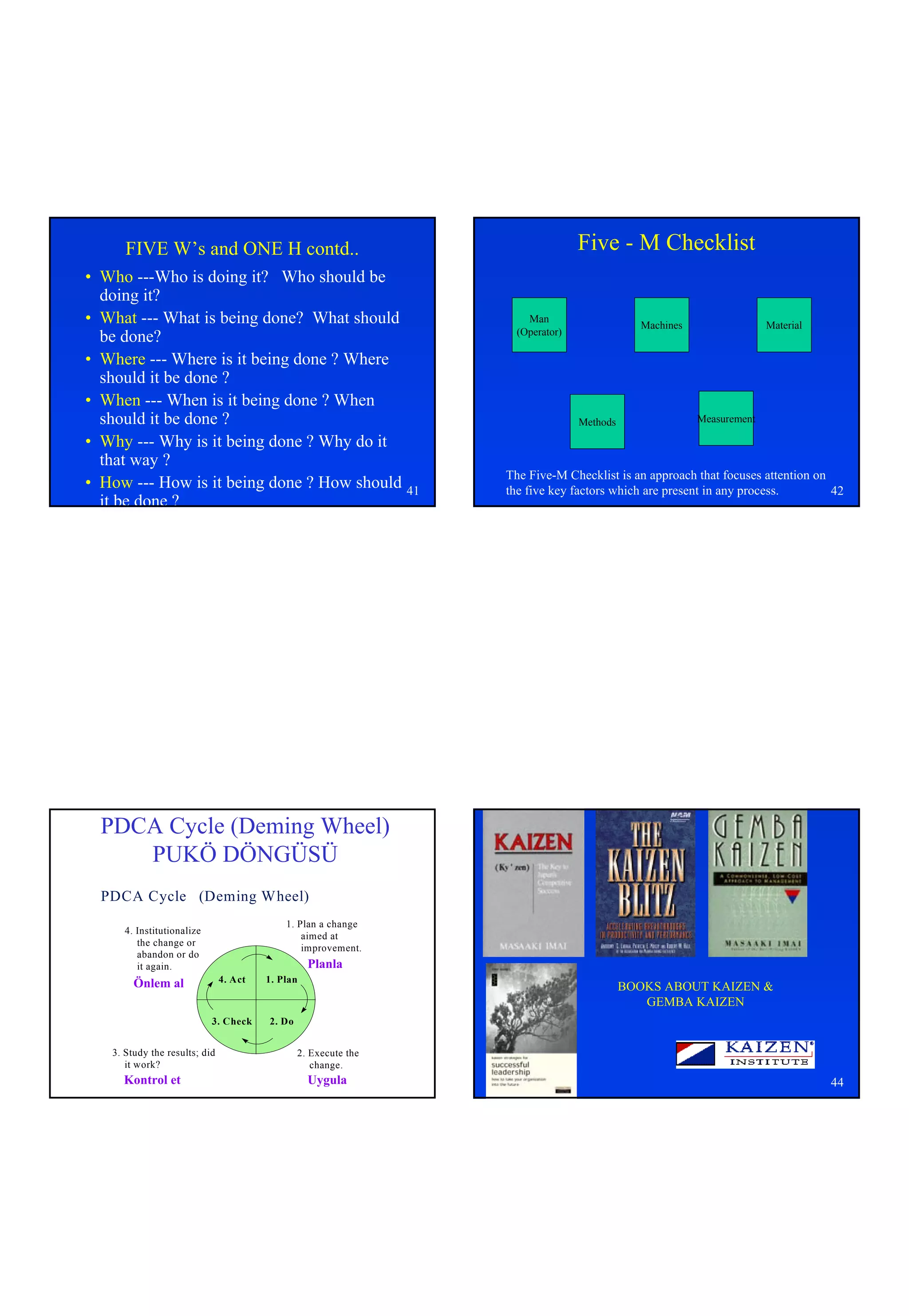 FIVE W’s and ONE H contd..                                                     Five - M Checklist
• Who ---Who is doing it? Who should be
  doing it?
• What --- What is being done? What should                                Man
                                                                                                 Machines                 Material
                                                                        (Operator)
  be done?
• Where --- Where is it being done ? Where
  should it be done ?
• When --- When is it being done ? When
  should it be done ?                                                                Methods                Measurement

• Why --- Why is it being done ? Why do it
  that way ?
                                                                      The Five-M Checklist is an approach that focuses attention on
• How --- How is it being done ? How should 41                        the five key factors which are present in any process.        42
  it be done ?




  PDCA Cycle (Deming Wheel)
     PUKÖ DÖNGÜSÜ
  PDCA Cycle (Deming Wheel)
                                            1. Plan a change
      4. Institutionalize
                                                aimed at
         the change or
                                                improvement.
         abandon or do
         it again.                                Planla
        Önlem al               4. Act   1. Plan
                                                                                               BOOKS ABOUT KAIZEN &
                                                                                                  GEMBA KAIZEN
                            3. Check    2. Do


   3. Study the results; did                    2. Execute the
      it work?                                     change.
     Kontrol et                                   Uygula         43                                                                  44
 