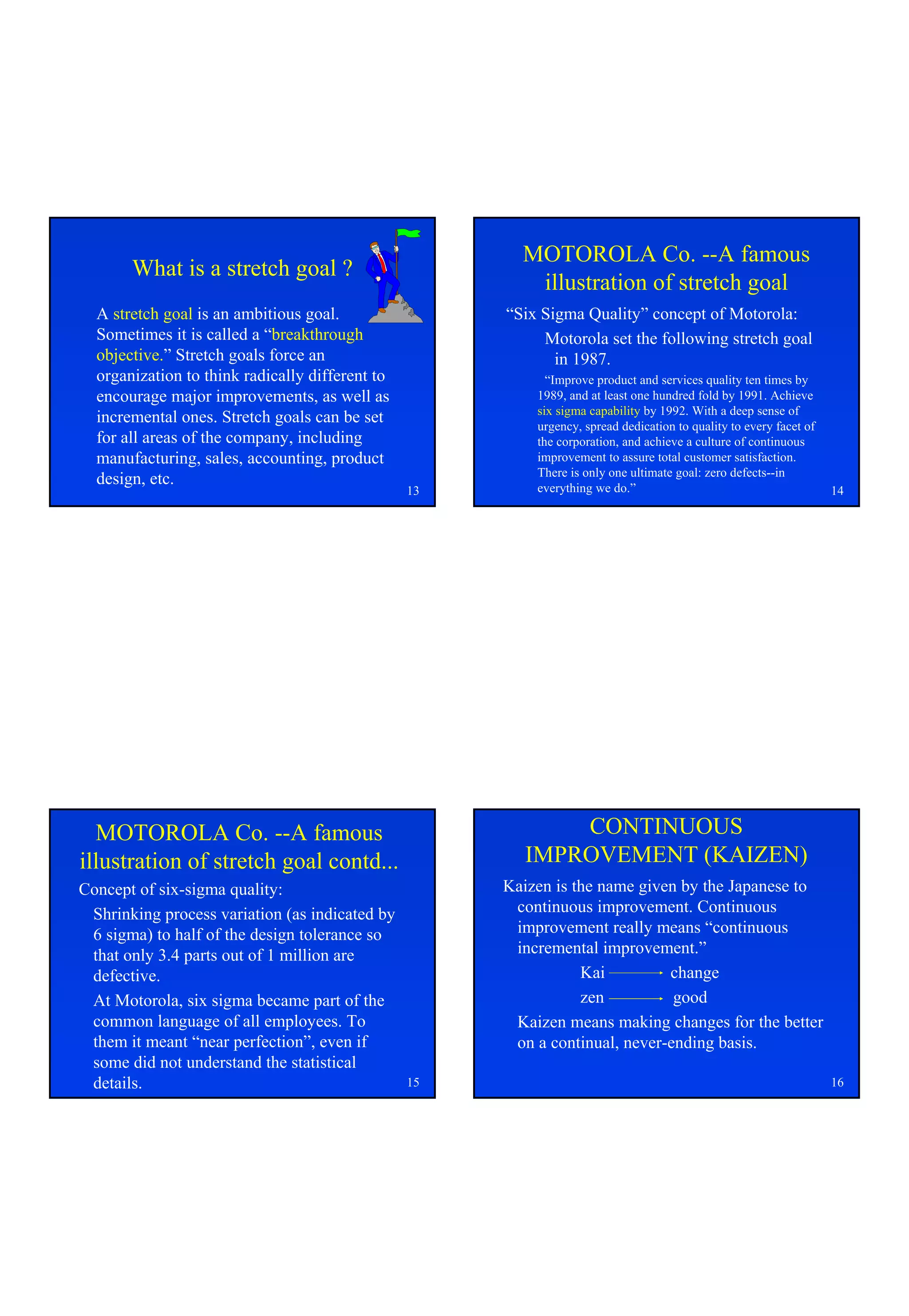 MOTOROLA Co. --A famous
       What is a stretch goal ?
                                                         illustration of stretch goal
  A stretch goal is an ambitious goal.                “Six Sigma Quality” concept of Motorola:
  Sometimes it is called a “breakthrough                   Motorola set the following stretch goal
  objective.” Stretch goals force an                         in 1987.
  organization to think radically different to              “Improve product and services quality ten times by
  encourage major improvements, as well as                1989, and at least one hundred fold by 1991. Achieve
                                                          six sigma capability by 1992. With a deep sense of
  incremental ones. Stretch goals can be set              urgency, spread dedication to quality to every facet of
  for all areas of the company, including                 the corporation, and achieve a culture of continuous
  manufacturing, sales, accounting, product               improvement to assure total customer satisfaction.
                                                          There is only one ultimate goal: zero defects--in
  design, etc.                                            everything we do.”
                                                 13                                                                 14




  MOTOROLA Co. --A famous                                   CONTINUOUS
illustration of stretch goal contd...                   IMPROVEMENT (KAIZEN)
Concept of six-sigma quality:                         Kaizen is the name given by the Japanese to
 Shrinking process variation (as indicated by          continuous improvement. Continuous
 6 sigma) to half of the design tolerance so           improvement really means “continuous
 that only 3.4 parts out of 1 million are              incremental improvement.”
 defective.                                                      Kai         change
 At Motorola, six sigma became part of the                       zen          good
 common language of all employees. To                  Kaizen means making changes for the better
 them it meant “near perfection”, even if              on a continual, never-ending basis.
 some did not understand the statistical
 details.                                        15                                                                 16
 