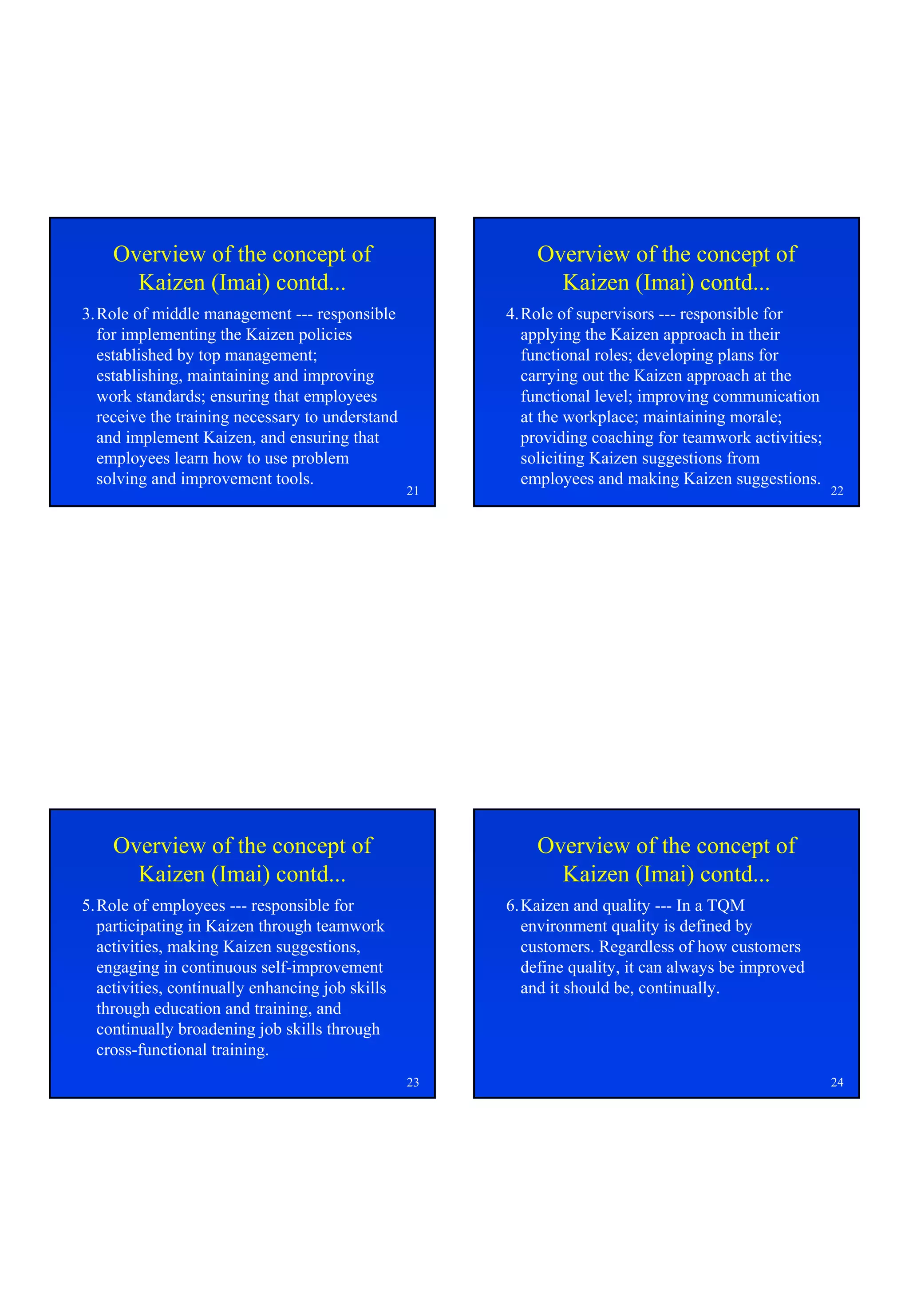 Overview of the concept of                            Overview of the concept of
      Kaizen (Imai) contd...                                Kaizen (Imai) contd...
3.Role of middle management --- responsible           4.Role of supervisors --- responsible for
  for implementing the Kaizen policies                  applying the Kaizen approach in their
  established by top management;                        functional roles; developing plans for
  establishing, maintaining and improving               carrying out the Kaizen approach at the
  work standards; ensuring that employees               functional level; improving communication
  receive the training necessary to understand          at the workplace; maintaining morale;
  and implement Kaizen, and ensuring that               providing coaching for teamwork activities;
  employees learn how to use problem                    soliciting Kaizen suggestions from
  solving and improvement tools.                        employees and making Kaizen suggestions.
                                                 21                                                   22




    Overview of the concept of                            Overview of the concept of
      Kaizen (Imai) contd...                                Kaizen (Imai) contd...
5.Role of employees --- responsible for               6.Kaizen and quality --- In a TQM
  participating in Kaizen through teamwork              environment quality is defined by
  activities, making Kaizen suggestions,                customers. Regardless of how customers
  engaging in continuous self-improvement               define quality, it can always be improved
  activities, continually enhancing job skills          and it should be, continually.
  through education and training, and
  continually broadening job skills through
  cross-functional training.
                                                 23                                                   24
 