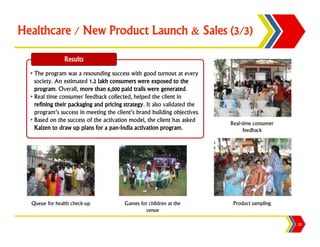 Healthcare / New Product Launch & Sales (3/3)

                Results
  • The program was a resounding success with good turnout at every
    society. An estimated 1.2 lakh consumers were exposed to the
    program. Overall, more than 6,000 paid trails were generated.
  • Real time consumer feedback collected, helped the client in
    refining their packaging and pricing strategy. It also validated the
    program’s success in meeting the client’s brand building objectives.
  • Based on the success of the activation model, the client has asked
                                                                           Real-time consumer
    Kaizen to draw up plans for a pan-India activation program.                  feedback




  Queue for health check-up              Games for children at the          Product sampling
                                                 venue

                                                                                                25
 