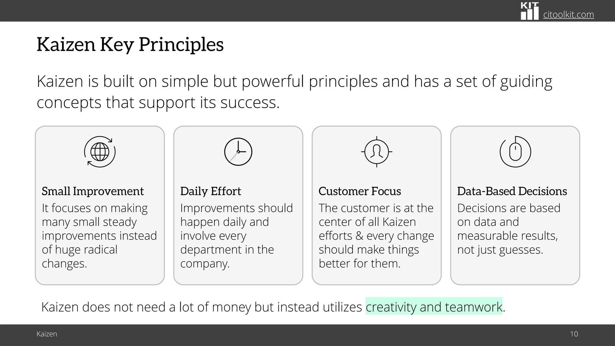 citoolkit.com
citoolkit.com
citoolkit.com
Kaizen Key Principles
Kaizen is built on simple but powerful principles and has a set of guiding
concepts that support its success.
Kaizen 10
Kaizen does not need a lot of money but instead utilizes creativity and teamwork.
Data-Based Decisions
Decisions are based
on data and
measurable results,
not just guesses.
Small Improvement
It focuses on making
many small steady
improvements instead
of huge radical
changes.
Daily Effort
Improvements should
happen daily and
involve every
department in the
company.
Customer Focus
The customer is at the
center of all Kaizen
efforts & every change
should make things
better for them.
 