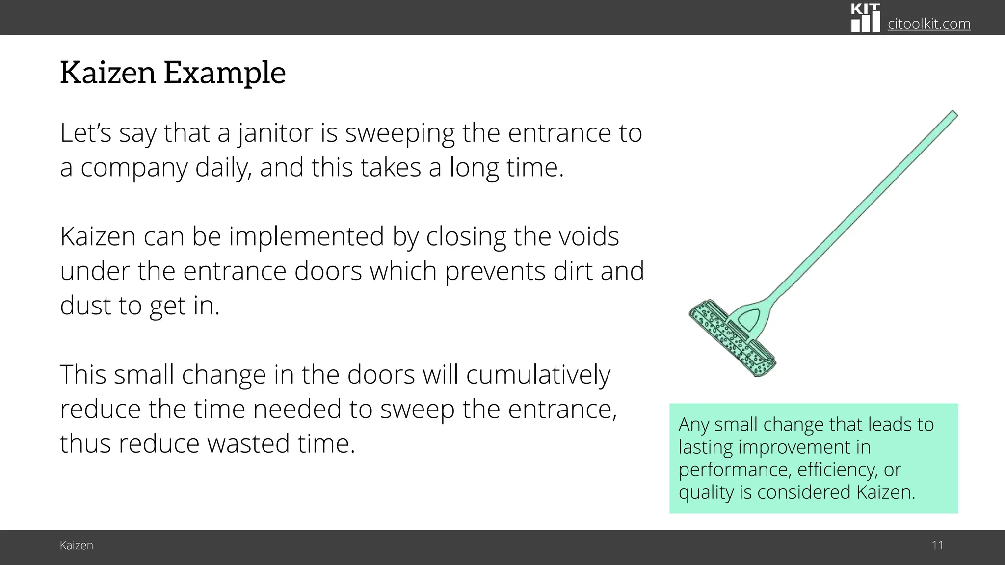 citoolkit.com
citoolkit.com
citoolkit.com
Kaizen Example
Let’s say that a janitor is sweeping the entrance to
a company daily, and this takes a long time.
Kaizen can be implemented by closing the voids
under the entrance doors which prevents dirt and
dust to get in.
This small change in the doors will cumulatively
reduce the time needed to sweep the entrance,
thus reduce wasted time.
Kaizen 11
Any small change that leads to
lasting improvement in
performance, efficiency, or
quality is considered Kaizen.
 