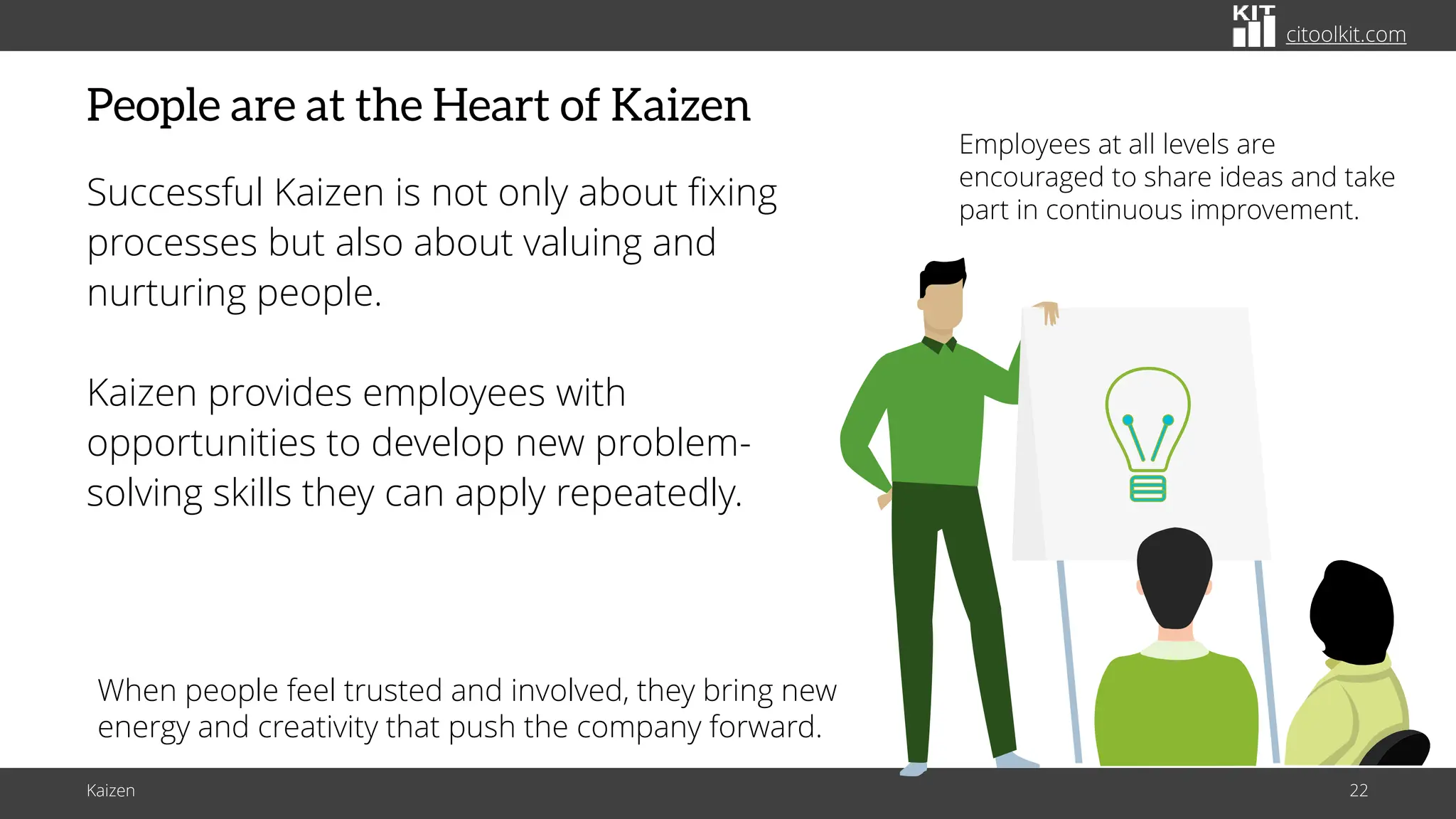 citoolkit.com
citoolkit.com
citoolkit.com
People are at the Heart of Kaizen
Successful Kaizen is not only about fixing
processes but also about valuing and
nurturing people.
Kaizen provides employees with
opportunities to develop new problem-
solving skills they can apply repeatedly.
Kaizen 22
Employees at all levels are
encouraged to share ideas and take
part in continuous improvement.
When people feel trusted and involved, they bring new
energy and creativity that push the company forward.
 