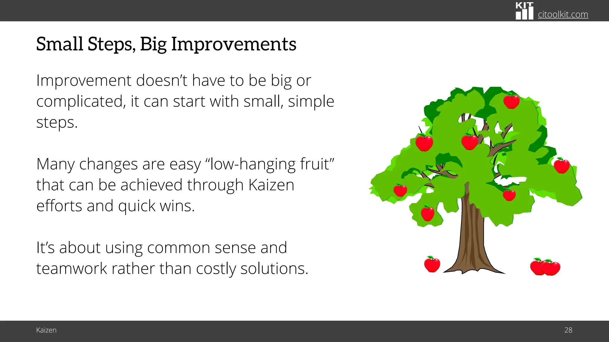 citoolkit.com
citoolkit.com
citoolkit.com
Small Steps, Big Improvements
Improvement doesn’t have to be big or
complicated, it can start with small, simple
steps.
Many changes are easy “low-hanging fruit”
that can be achieved through Kaizen
efforts and quick wins.
It’s about using common sense and
teamwork rather than costly solutions.
Kaizen 28
 