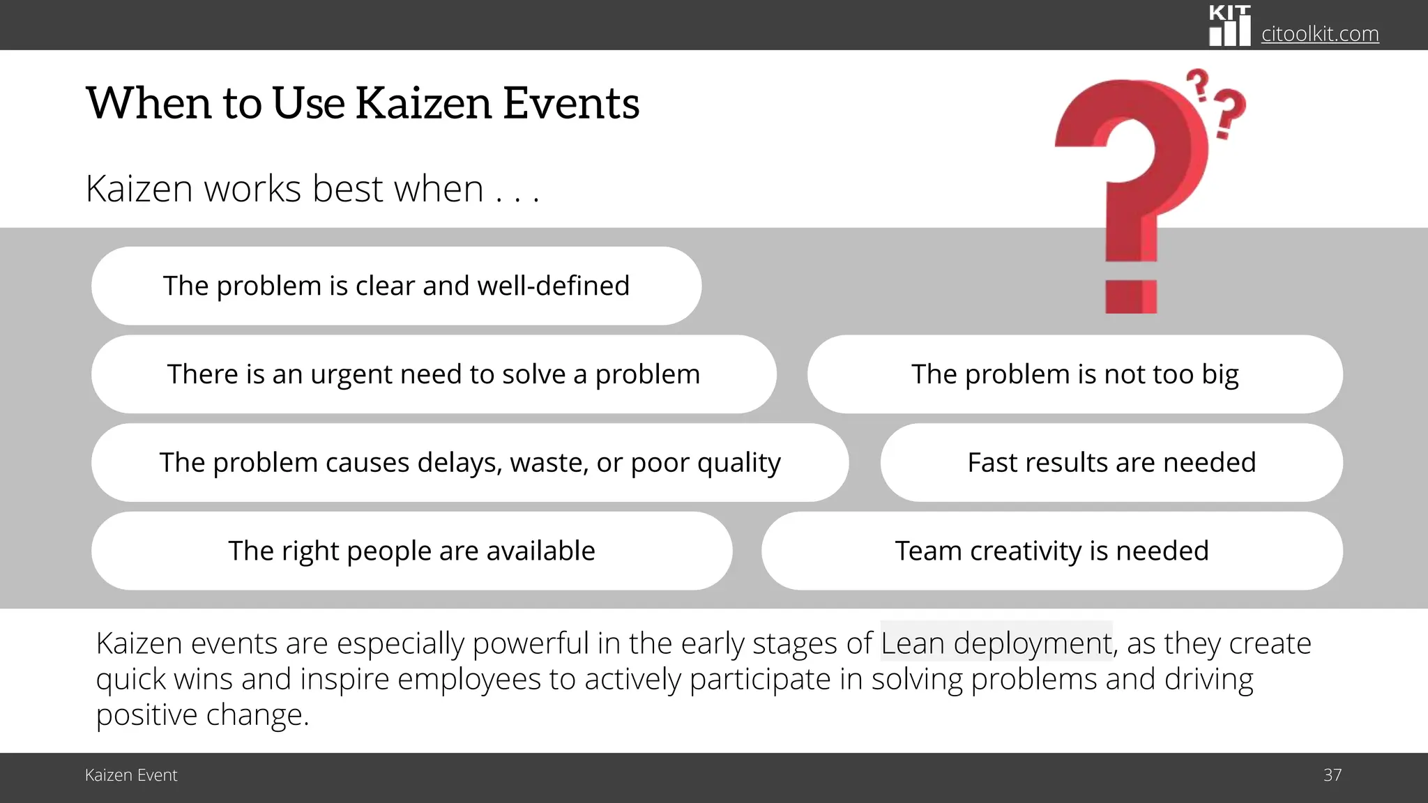 citoolkit.com
citoolkit.com
citoolkit.com
When to Use Kaizen Events
Kaizen works best when . . .
Kaizen Event 37
The problem is clear and well-defined
The problem is not too big
There is an urgent need to solve a problem
Fast results are needed
Team creativity is needed
The right people are available
The problem causes delays, waste, or poor quality
Kaizen events are especially powerful in the early stages of Lean deployment, as they create
quick wins and inspire employees to actively participate in solving problems and driving
positive change.
 