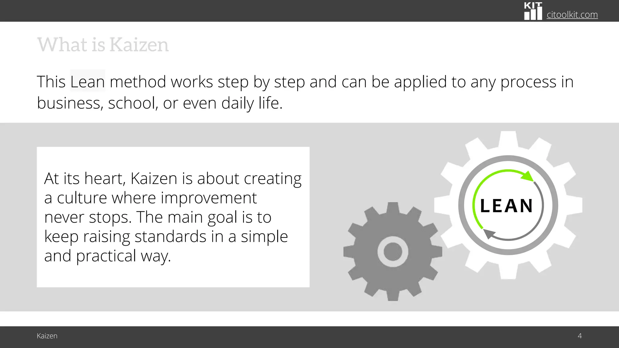 citoolkit.com
citoolkit.com
citoolkit.com
What is Kaizen
This Lean method works step by step and can be applied to any process in
business, school, or even daily life.
Kaizen 4
LEAN
At its heart, Kaizen is about creating
a culture where improvement
never stops. The main goal is to
keep raising standards in a simple
and practical way.
 