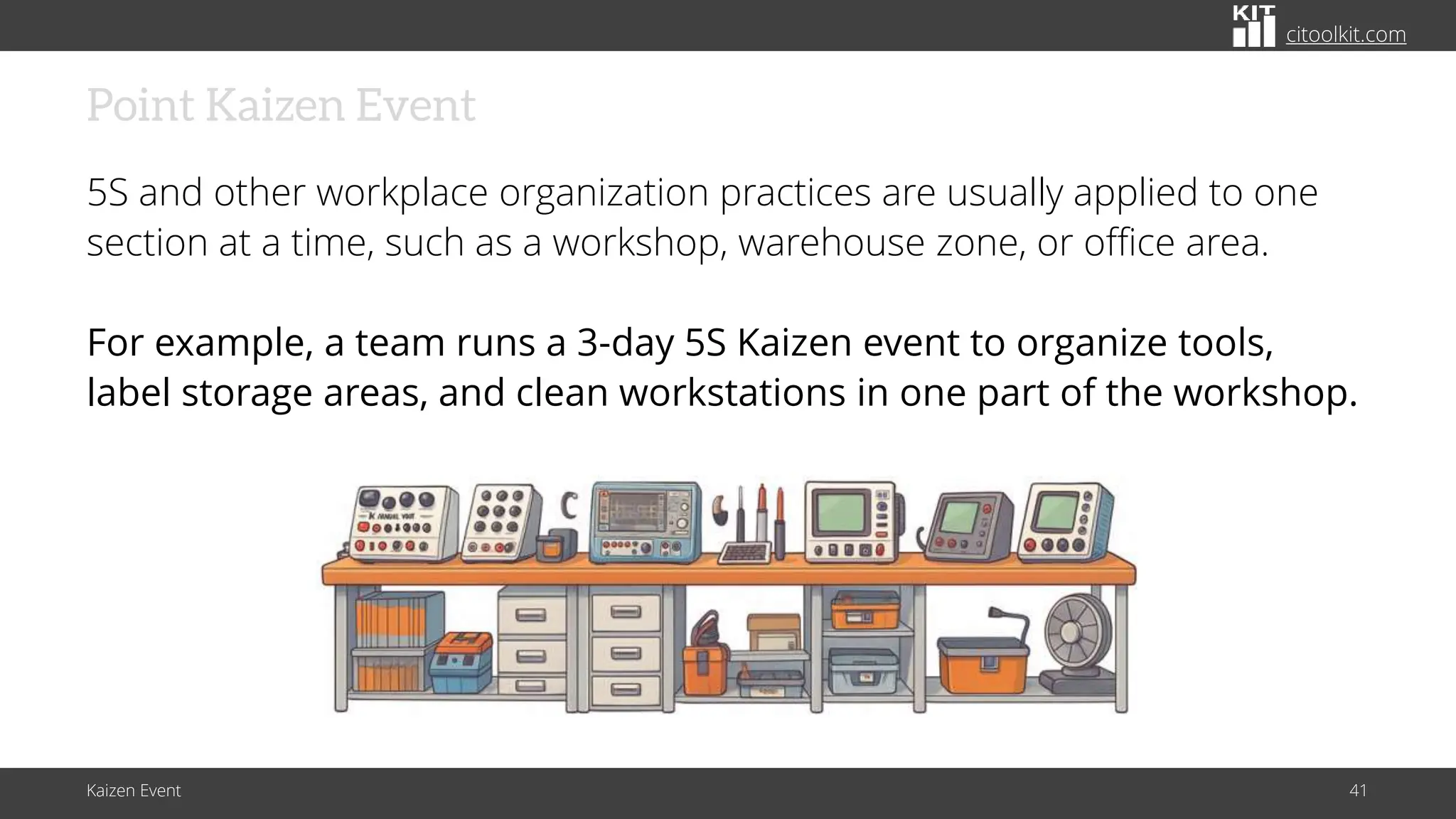citoolkit.com
citoolkit.com
citoolkit.com
Point Kaizen Event
5S and other workplace organization practices are usually applied to one
section at a time, such as a workshop, warehouse zone, or office area.
For example, a team runs a 3-day 5S Kaizen event to organize tools,
label storage areas, and clean workstations in one part of the workshop.
Kaizen Event 41
 