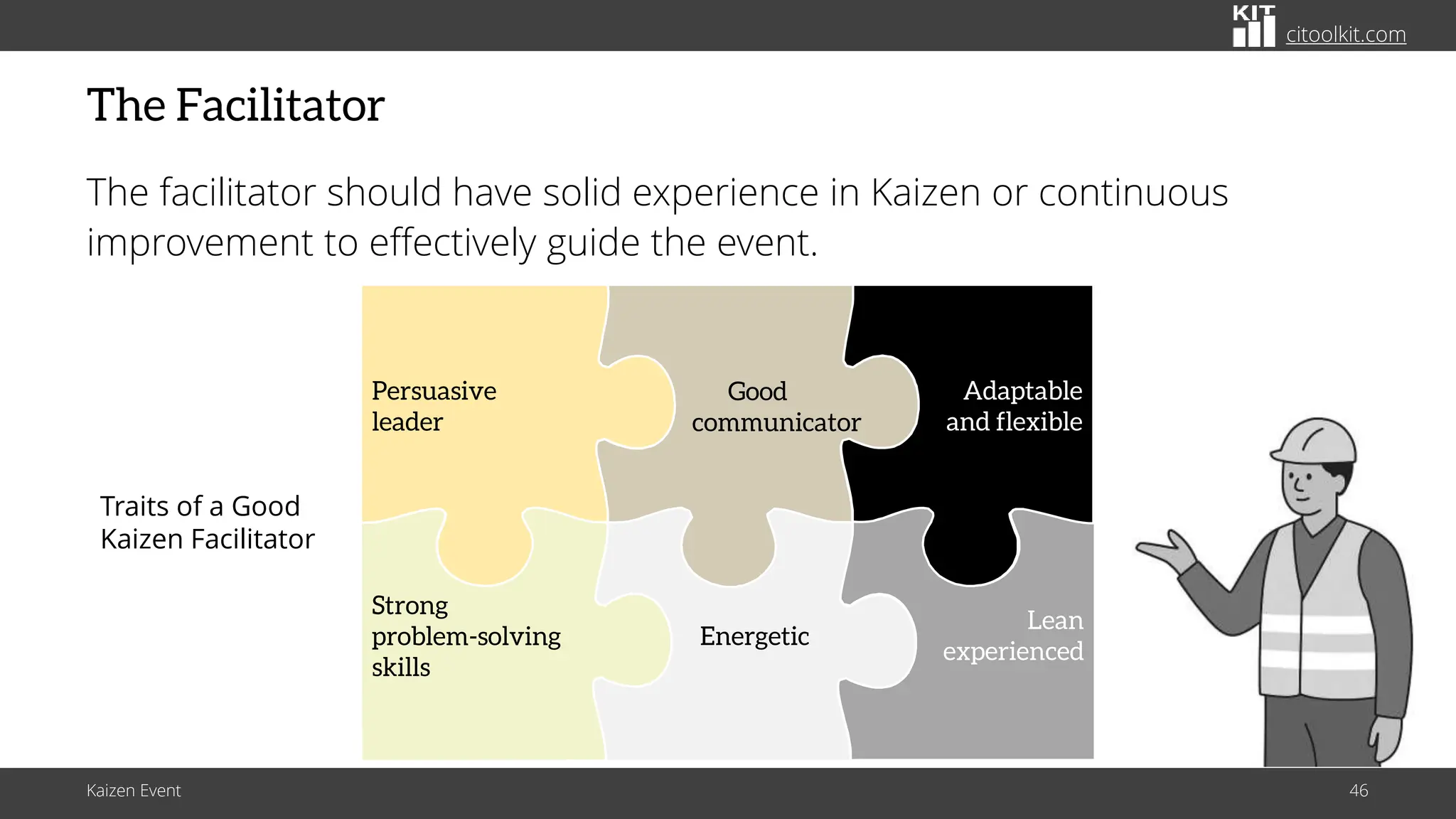 citoolkit.com
citoolkit.com
citoolkit.com
The Facilitator
The facilitator should have solid experience in Kaizen or continuous
improvement to effectively guide the event.
Persuasive
leader
Good
communicator
Lean
experienced
Energetic
Strong
problem-solving
skills
Adaptable
and flexible
Traits of a Good
Kaizen Facilitator
Kaizen Event 46
 