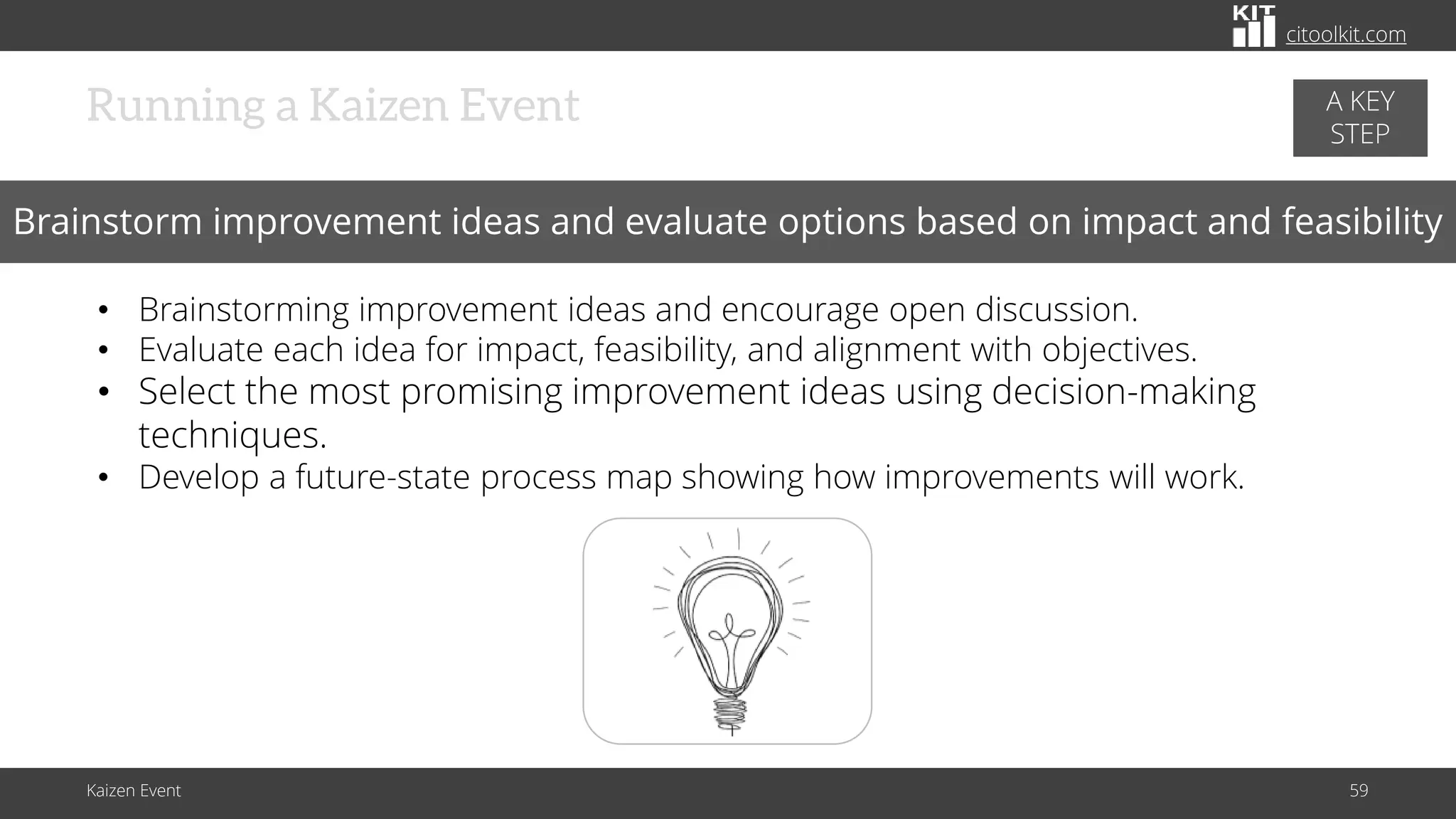 citoolkit.com
citoolkit.com
citoolkit.com
Kaizen Event 59
Running a Kaizen Event
Brainstorm improvement ideas and evaluate options based on impact and feasibility
• Brainstorming improvement ideas and encourage open discussion.
• Evaluate each idea for impact, feasibility, and alignment with objectives.
• Select the most promising improvement ideas using decision-making
techniques.
• Develop a future-state process map showing how improvements will work.
A KEY
STEP
 