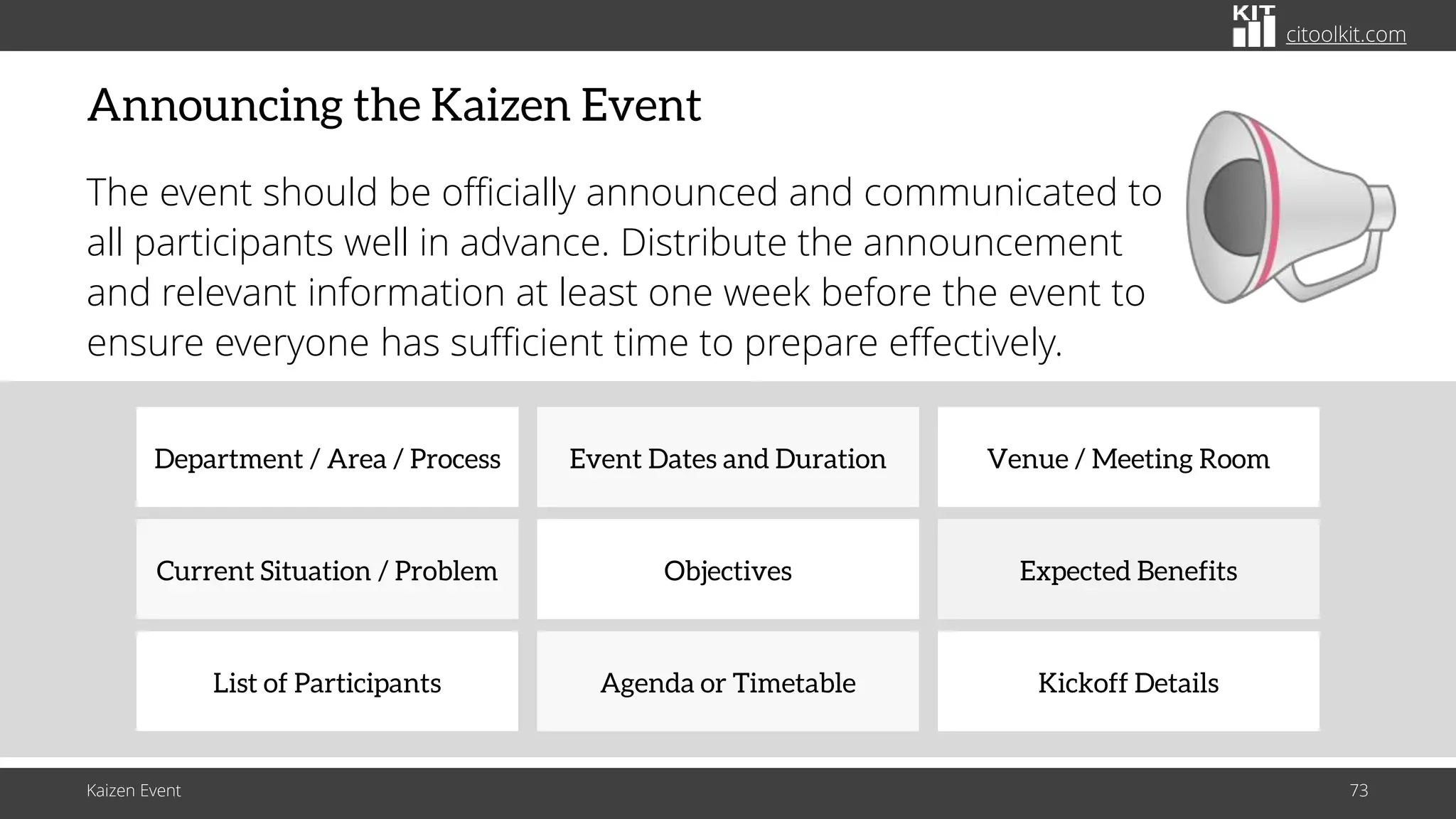 citoolkit.com
citoolkit.com
citoolkit.com
Announcing the Kaizen Event
The event should be officially announced and communicated to
all participants well in advance. Distribute the announcement
and relevant information at least one week before the event to
ensure everyone has sufficient time to prepare effectively.
Event Dates and Duration
List of Participants
Department / Area / Process
Objectives
Agenda or Timetable
Current Situation / Problem
Kickoff Details
Expected Benefits
Venue / Meeting Room
Kaizen Event 73
 