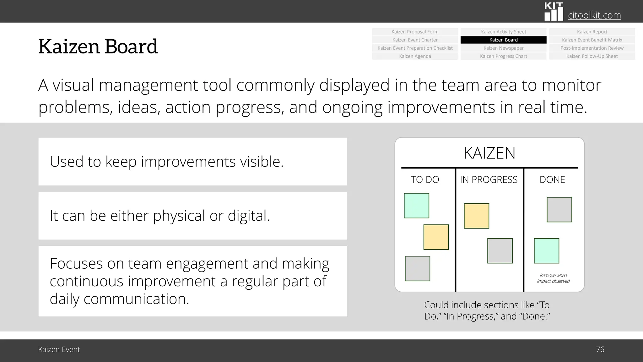 citoolkit.com
citoolkit.com
citoolkit.com
Kaizen Board
A visual management tool commonly displayed in the team area to monitor
problems, ideas, action progress, and ongoing improvements in real time.
Kaizen Event 76
Used to keep improvements visible.
It can be either physical or digital.
Focuses on team engagement and making
continuous improvement a regular part of
daily communication. Could include sections like “To
Do,” “In Progress,” and “Done.”
Kaizen Newspaper
Kaizen Board
Kaizen Activity Sheet
Kaizen Progress Chart
Kaizen Event Benefit Matrix
Post-Implementation Review
Kaizen Report
Kaizen Event Charter
Kaizen Event Preparation Checklist
Kaizen Agenda
Kaizen Proposal Form
Kaizen Follow-Up Sheet
KAIZEN
TO DO IN PROGRESS DONE
Remove when
impact observed
 