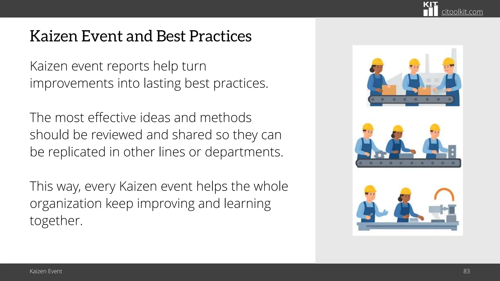 citoolkit.com
citoolkit.com
citoolkit.com
Kaizen Event and Best Practices
Kaizen event reports help turn
improvements into lasting best practices.
The most effective ideas and methods
should be reviewed and shared so they can
be replicated in other lines or departments.
This way, every Kaizen event helps the whole
organization keep improving and learning
together.
Kaizen Event 83
 