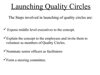 Launching Quality Circles
 Expose middle level executives to the concept.
Explain the concept to the employees and invite them to
volunteer as members of Quality Circles.
Nominate senior officers as facilitators
Form a steering committee.
The Steps involved in launching of quality circles are:
 