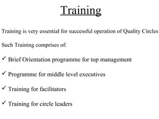 Training
Training is very essential for successful operation of Quality Circles
Such Training comprises of:
 Brief Orientation programme for top management
 Programme for middle level executives
 Training for facilitators
 Training for circle leaders
 