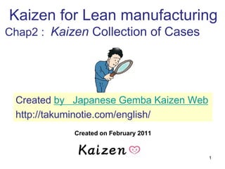 1
Created on February 2011
Kaizen for Lean manufacturing
Chap2 : Kaizen Collection of Cases
Created by Japanese Gemba Kaizen Web
http://takuminotie.com/english/
 