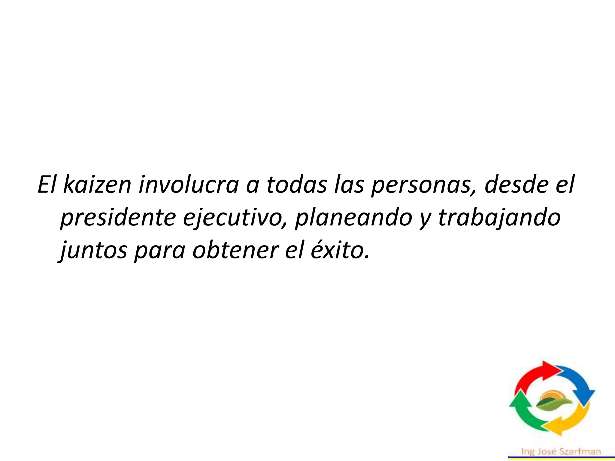 El kaizen involucra a todas las personas, desde el
presidente ejecutivo, planeando y trabajando
juntos para obtener el éxito.
 