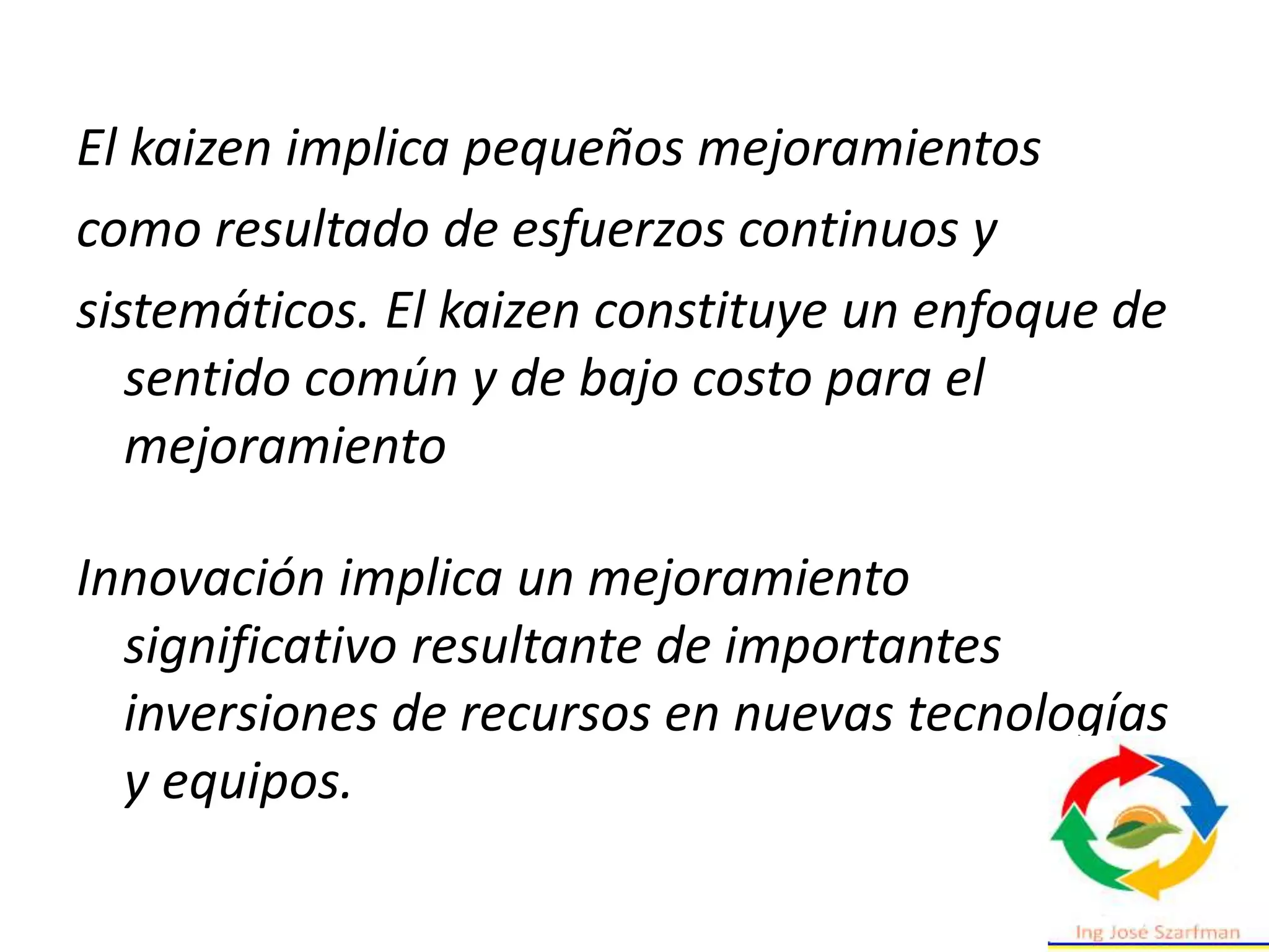 El kaizen implica pequeños mejoramientos
como resultado de esfuerzos continuos y
sistemáticos. El kaizen constituye un enfoque de
sentido común y de bajo costo para el
mejoramiento
Innovación implica un mejoramiento
significativo resultante de importantes
inversiones de recursos en nuevas tecnologías
y equipos.
 