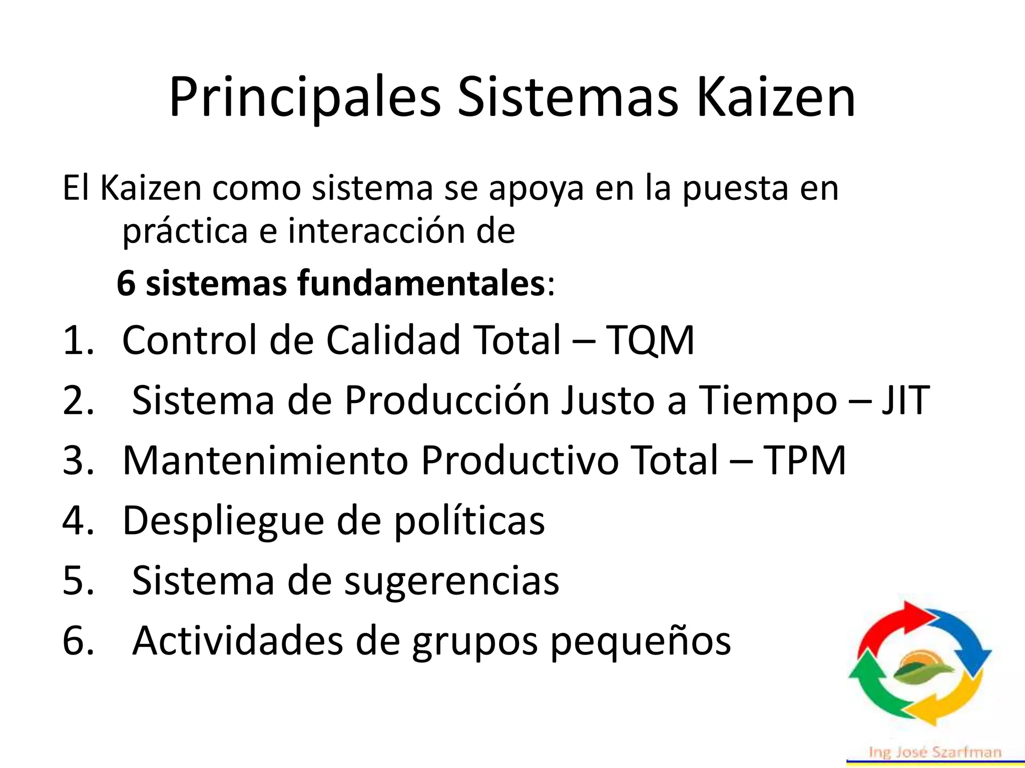 Principales Sistemas Kaizen
El Kaizen como sistema se apoya en la puesta en
práctica e interacción de
6 sistemas fundamentales:
1. Control de Calidad Total – TQM
2. Sistema de Producción Justo a Tiempo – JIT
3. Mantenimiento Productivo Total – TPM
4. Despliegue de políticas
5. Sistema de sugerencias
6. Actividades de grupos pequeños
 
