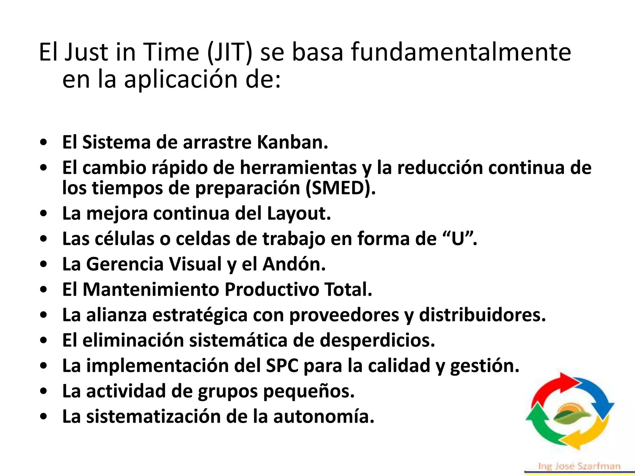 El Just in Time (JIT) se basa fundamentalmente
en la aplicación de:
• El Sistema de arrastre Kanban.
• El cambio rápido de herramientas y la reducción continua de
los tiempos de preparación (SMED).
• La mejora continua del Layout.
• Las células o celdas de trabajo en forma de “U”.
• La Gerencia Visual y el Andón.
• El Mantenimiento Productivo Total.
• La alianza estratégica con proveedores y distribuidores.
• El eliminación sistemática de desperdicios.
• La implementación del SPC para la calidad y gestión.
• La actividad de grupos pequeños.
• La sistematización de la autonomía.
 
