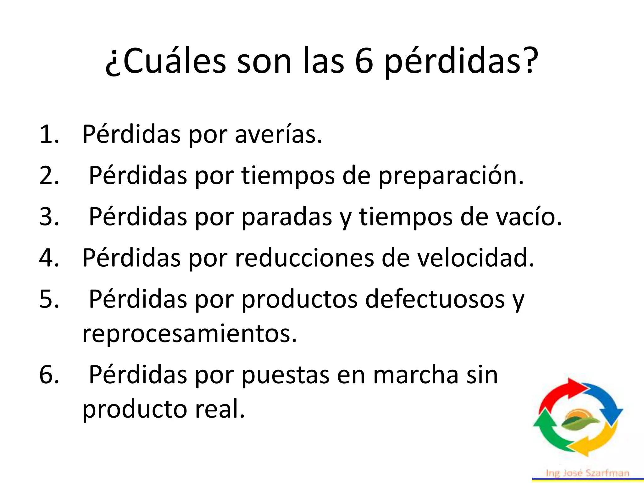 ¿Cuáles son las 6 pérdidas?
1. Pérdidas por averías.
2. Pérdidas por tiempos de preparación.
3. Pérdidas por paradas y tiempos de vacío.
4. Pérdidas por reducciones de velocidad.
5. Pérdidas por productos defectuosos y
reprocesamientos.
6. Pérdidas por puestas en marcha sin
producto real.
 
