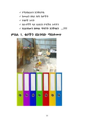 15
 የማያስፈሌግ እንቅስቃሴ
 ከመጠን በሊይ የሆነ ክምችት
 የቁሶች ጉዲት
 ሰራተኞች ሊይ ሉዯርስ የሚችሌ ጉዲትን
 የፈሇግነውን በቀሊለ ማግኘት እንችሊሇን ....???
ምስሌ 1. ቁሶችን በአግባቡ ማስቀመጥ
 