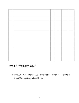 19

ምስሌ5 የማቅሇም ስሌት
 በመስሪያ ቦታ ወሇልች እና የመንቀሳቀሻ መንገድች ሇመሇየት
የሚያስችሌ የአሰራር ስትራቴጂ ነዉ፡፡
 