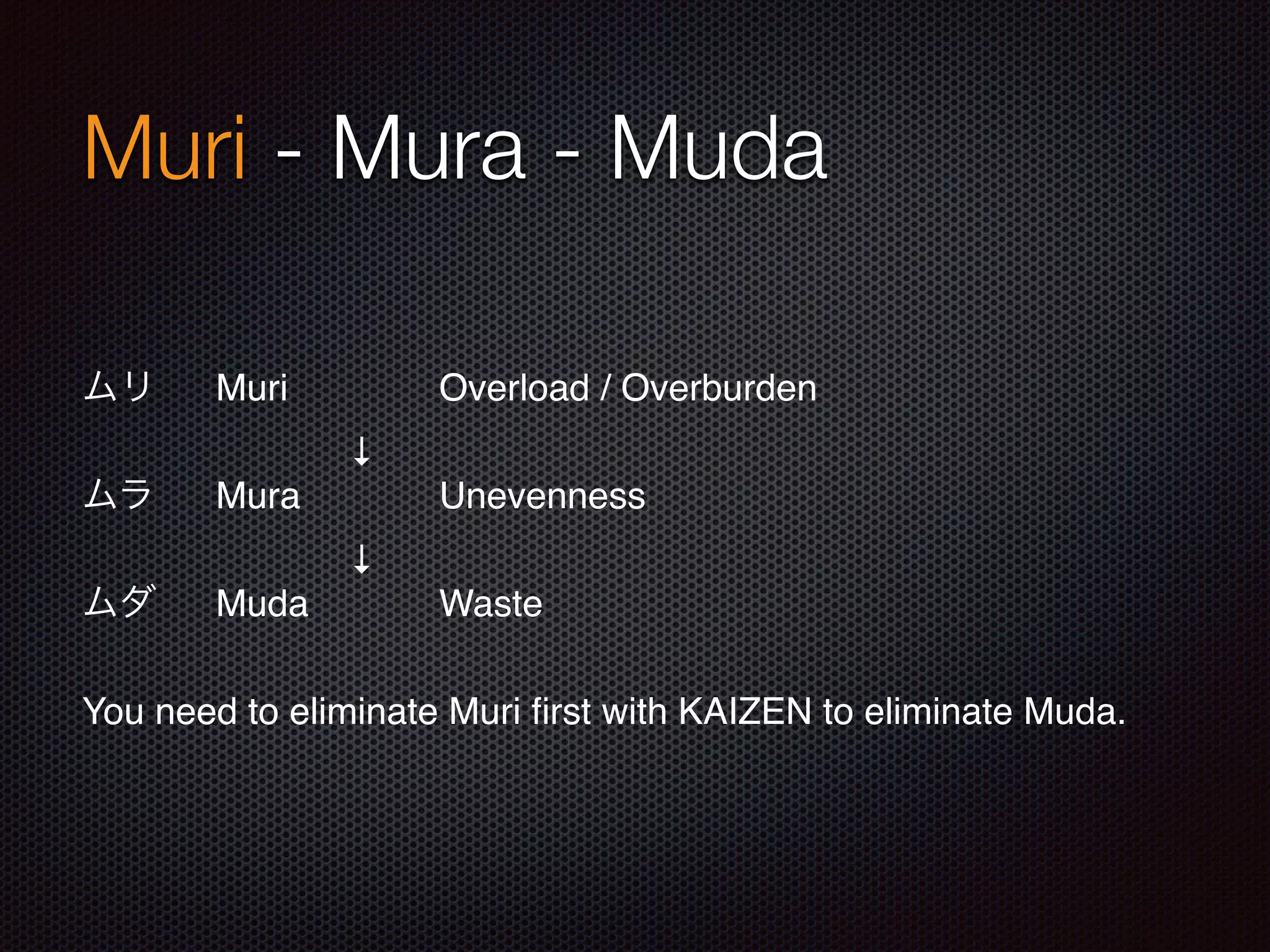 Muri - Mura - Muda
ムリ Muri Overload / Overburden
↓
ムラ Mura Unevenness
↓
ムダ Muda Waste
You need to eliminate Muri ﬁrst with KAIZEN to eliminate Muda.
 