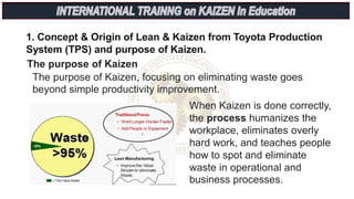 1. Concept & Origin of Lean & Kaizen from Toyota Production
System (TPS) and purpose of Kaizen.
The purpose of Kaizen, focusing on eliminating waste goes
beyond simple productivity improvement.
When Kaizen is done correctly,
the process humanizes the
workplace, eliminates overly
hard work, and teaches people
how to spot and eliminate
waste in operational and
business processes.
The purpose of Kaizen
 