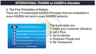 3. The Five Principles of Kaizen
There are 5 Fundamental KAIZEN Principles that are embedded in
every KAIZEN tool and in every KAIZEN behavior.
The 5 principles are:
1. Know your Customer (Student)
2. Let it Flow
3. Go to Gemba
4. Empower People and
5. Be Transparent
 