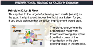 Principle #2 Let it Flow
This applies to the target of achieving zero muda (waste) as
the goal. It might sound impossible, but that’s kaizen for you:
if you could achieve that objective, improvement would stop.
Therefore, everyone in the
organization must work
towards removing any waste
from their corner of the
organization while also
creating value in the process.
 