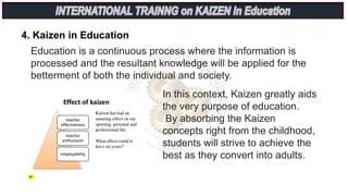 Education is a continuous process where the information is
processed and the resultant knowledge will be applied for the
betterment of both the individual and society.
In this context, Kaizen greatly aids
the very purpose of education.
By absorbing the Kaizen
concepts right from the childhood,
students will strive to achieve the
best as they convert into adults.
4. Kaizen in Education
 