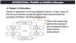 4. Kaizen in Education
Kaizen in education is not an unheard of tactic. In fact, many of
the several schools across the globe have implemented the
practices of Kaizen into their classrooms.
This is the reasoning
behind the constant
and consistent task to
strive further
achievement.
 