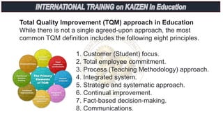 1. Customer (Student) focus.
2. Total employee commitment.
3. Process (Teaching Methodology) approach.
4. Integrated system.
5. Strategic and systematic approach.
6. Continual improvement.
7. Fact-based decision-making.
8. Communications.
Total Quality Improvement (TQM) approach in Education
While there is not a single agreed-upon approach, the most
common TQM definition includes the following eight principles.
 