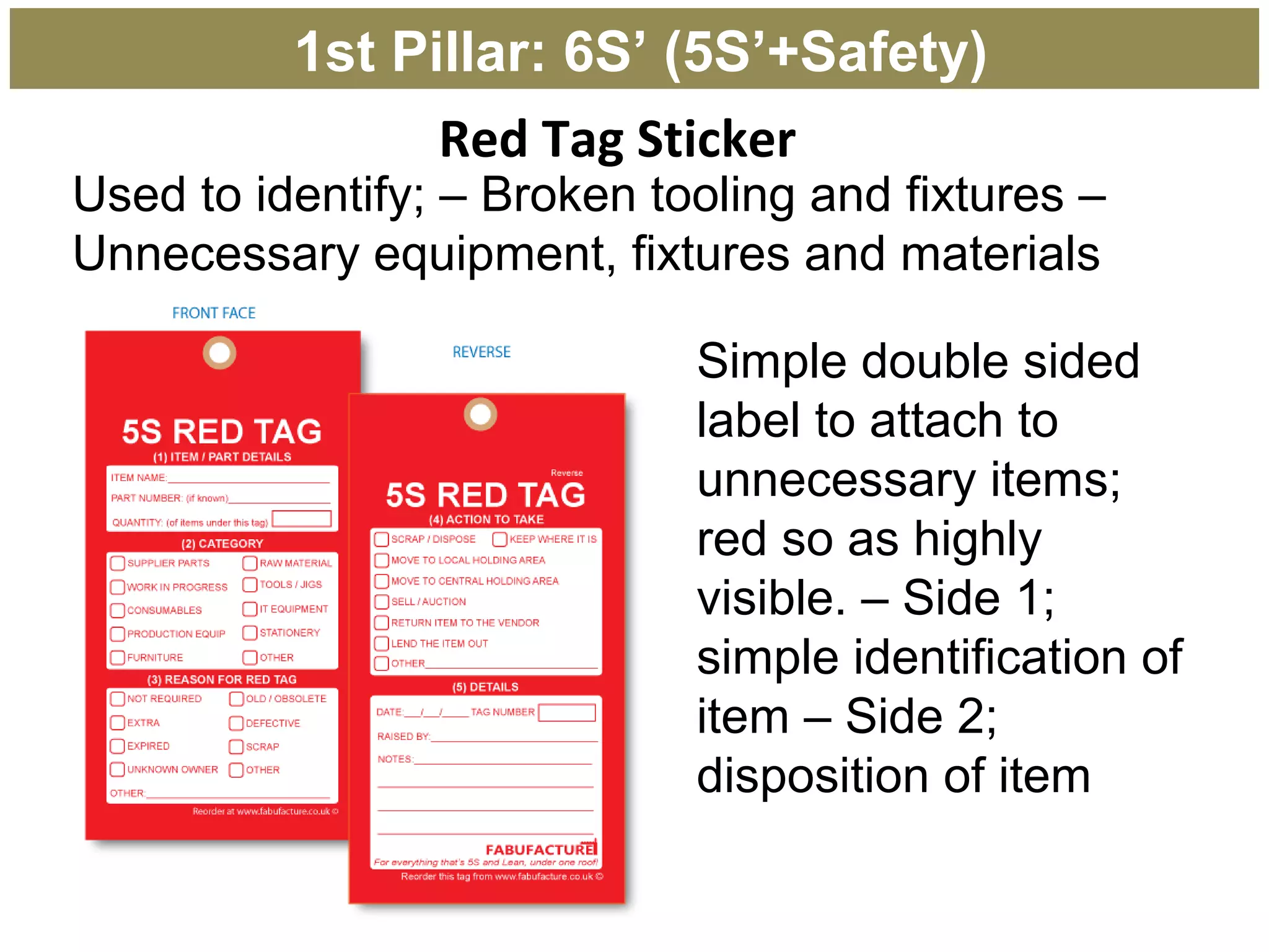 Red Tag Sticker
Used to identify; – Broken tooling and fixtures –
Unnecessary equipment, fixtures and materials
Simple double sided
label to attach to
unnecessary items;
red so as highly
visible. – Side 1;
simple identification of
item – Side 2;
disposition of item
1st Pillar: 6S’ (5S’+Safety)
 