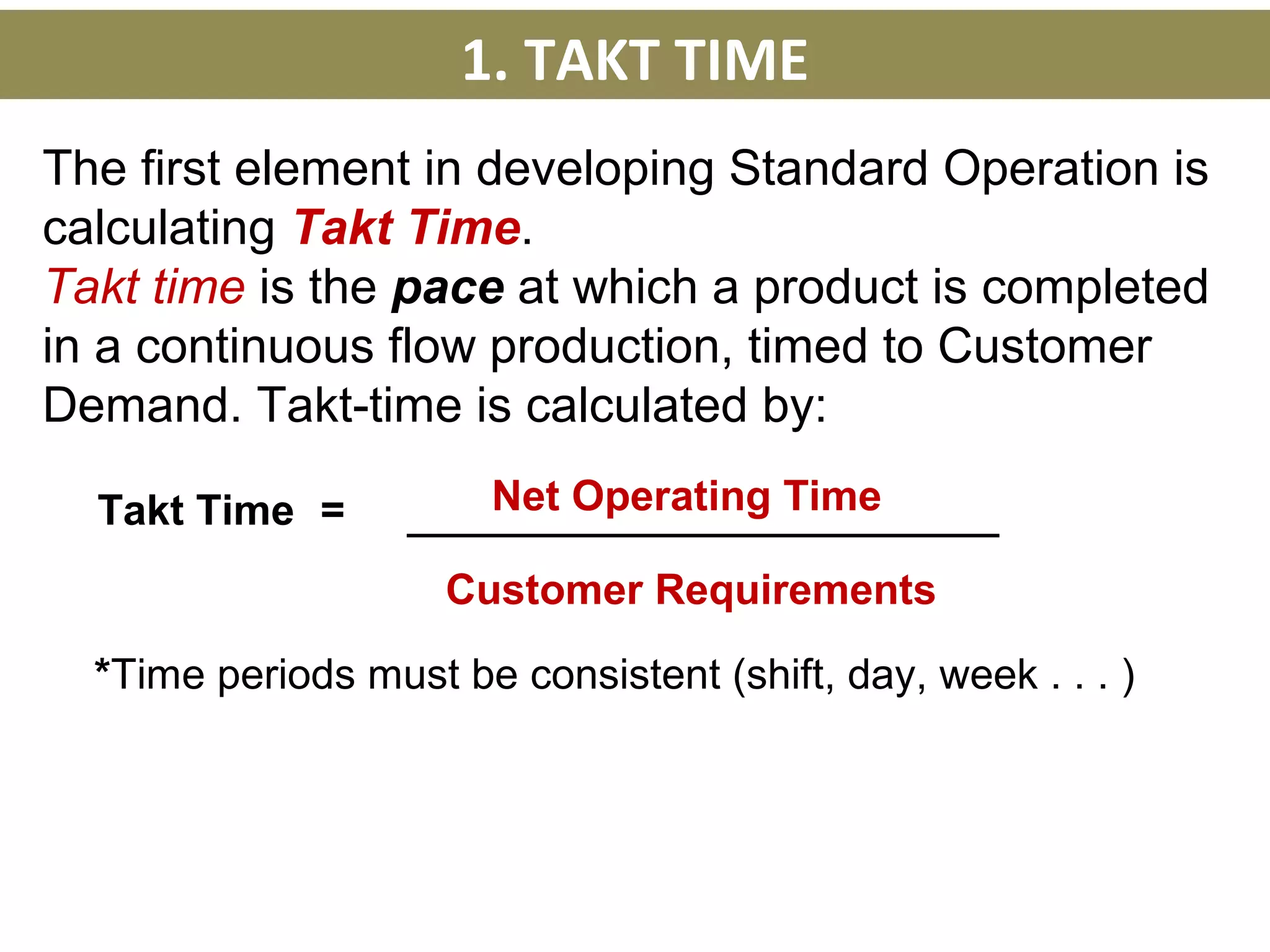 Net Operating TimeTakt Time =
Customer Requirements
*Time periods must be consistent (shift, day, week . . . )
1. TAKT TIME
The first element in developing Standard Operation is
calculating Takt Time.
Takt time is the pace at which a product is completed
in a continuous flow production, timed to Customer
Demand. Takt-time is calculated by:
 