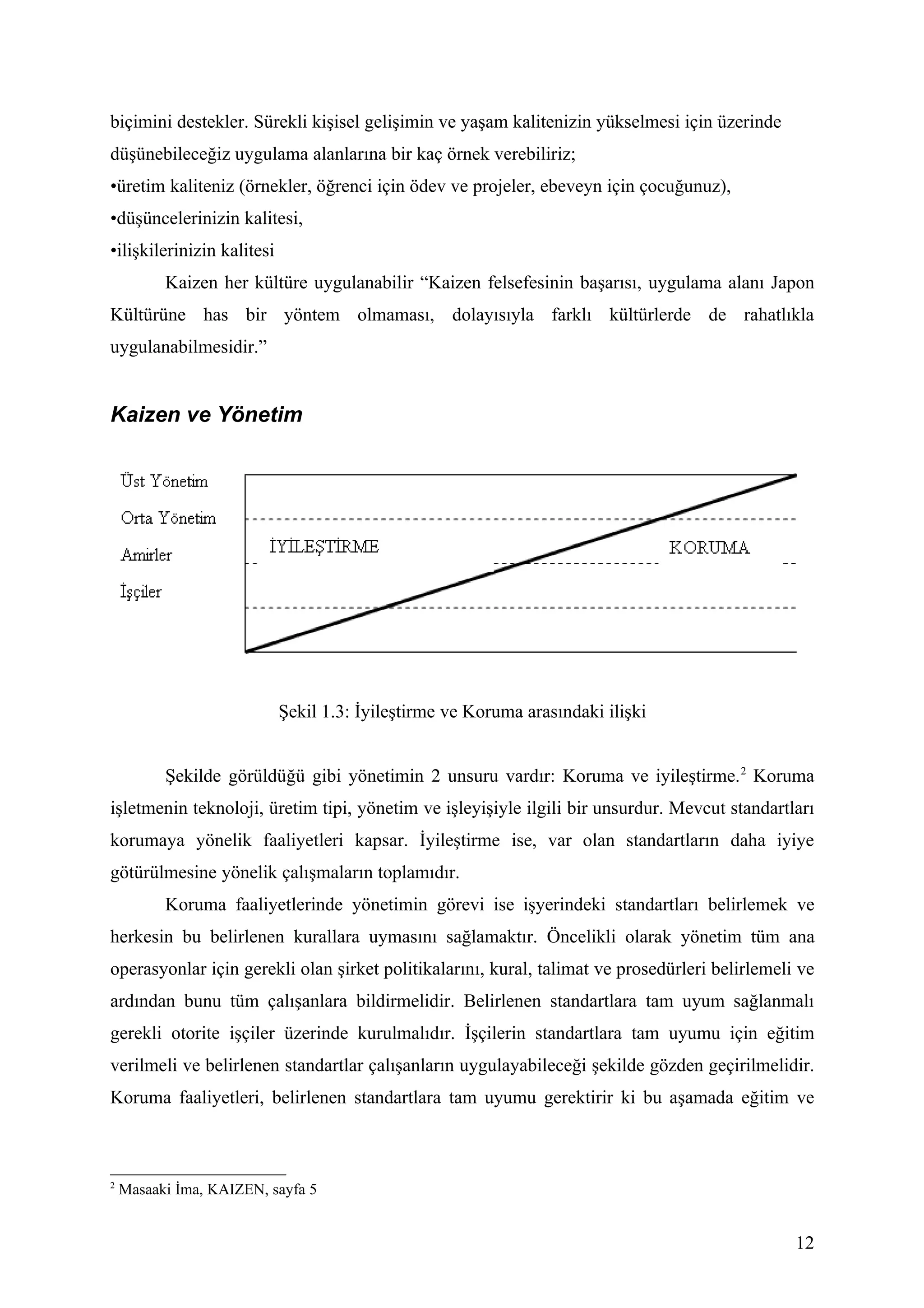 biçimini destekler. Sürekli kişisel gelişimin ve yaşam kalitenizin yükselmesi için üzerinde
düşünebileceğiz uygulama alanlarına bir kaç örnek verebiliriz;
•üretim kaliteniz (örnekler, öğrenci için ödev ve projeler, ebeveyn için çocuğunuz),
•düşüncelerinizin kalitesi,
•ilişkilerinizin kalitesi
          Kaizen her kültüre uygulanabilir “Kaizen felsefesinin başarısı, uygulama alanı Japon
Kültürüne has bir yöntem olmaması, dolayısıyla farklı kültürlerde de rahatlıkla
uygulanabilmesidir.”


Kaizen ve Yönetim




                            Şekil 1.3: İyileştirme ve Koruma arasındaki ilişki


          Şekilde görüldüğü gibi yönetimin 2 unsuru vardır: Koruma ve iyileştirme. 2 Koruma
işletmenin teknoloji, üretim tipi, yönetim ve işleyişiyle ilgili bir unsurdur. Mevcut standartları
korumaya yönelik faaliyetleri kapsar. İyileştirme ise, var olan standartların daha iyiye
götürülmesine yönelik çalışmaların toplamıdır.
          Koruma faaliyetlerinde yönetimin görevi ise işyerindeki standartları belirlemek ve
herkesin bu belirlenen kurallara uymasını sağlamaktır. Öncelikli olarak yönetim tüm ana
operasyonlar için gerekli olan şirket politikalarını, kural, talimat ve prosedürleri belirlemeli ve
ardından bunu tüm çalışanlara bildirmelidir. Belirlenen standartlara tam uyum sağlanmalı
gerekli otorite işçiler üzerinde kurulmalıdır. İşçilerin standartlara tam uyumu için eğitim
verilmeli ve belirlenen standartlar çalışanların uygulayabileceği şekilde gözden geçirilmelidir.
Koruma faaliyetleri, belirlenen standartlara tam uyumu gerektirir ki bu aşamada eğitim ve



2
    Masaaki İma, KAIZEN, sayfa 5


                                                                                                12
 