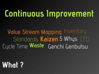 Continuous Improvement
  Value Stream Mapping Inventory
    Standards Kaizen 5 Whys CFD
Cycle Time Waste Genchi Genbutsu

...