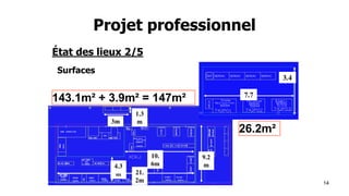 14
Projet professionnel
État des lieux 2/5
Surfaces
9.2
m4.3
m
10.
6m
21.
2m
1.3
m3m
3.4
7.7
143.1m² + 3.9m² = 147m²
26.2m²
 