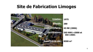 6
Site de Fabrication Limoges
Création :
Effectifs :
Chiffre d’Affaires :
Certifications :
Superficie du site :
1975
280
45 M€ (2006)
ISO 9001 v2000 et
ISO 14001
8500 m²
 
