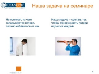 Наша задача на семинаре Не понимая, из чего складываются потери, сложно избавиться от них  Наша задача – сделать так, чтобы обнаруживать потери научился каждый 