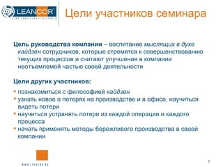 Цели участников семинара  Цель руководства компании  – воспитание  мыслящих в духе кайдзен  сотрудников, которые стремятся к совершенствованию текущих процессов и считают улучшения в компании неотъемлемой частью своей деятельности Цели других участников: познакомиться с философией  кайдзен узнать новое о потерях на производстве и в офисе, научиться видеть потери научиться устранять потери из каждой операции и каждого процесса начать применять методы бережливого производства в своей компании 
